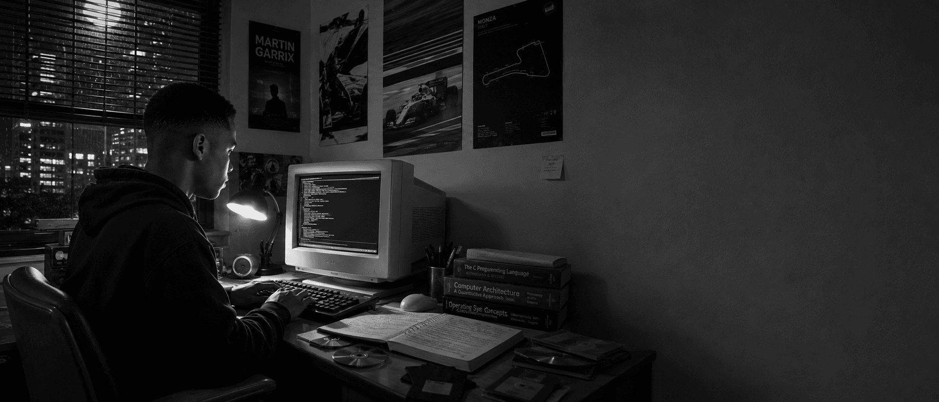 Angel Maile working late at a desk lit by a single lamp